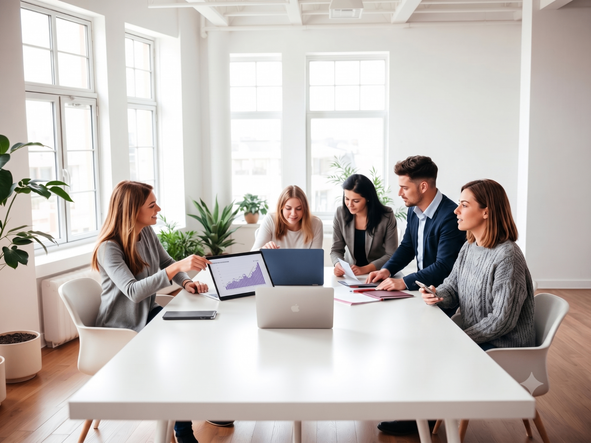 Widespread marketing team discussing growth strategy in a bright, spacious office
